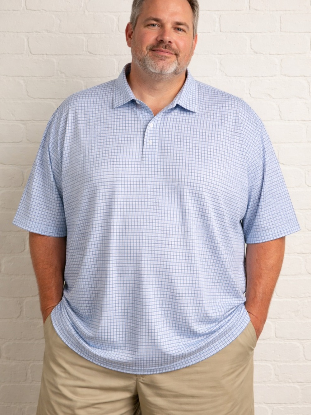 Collars & Co Dress Collar Performance Men's Light Blue Grid Short-Sleeve Polo 3X